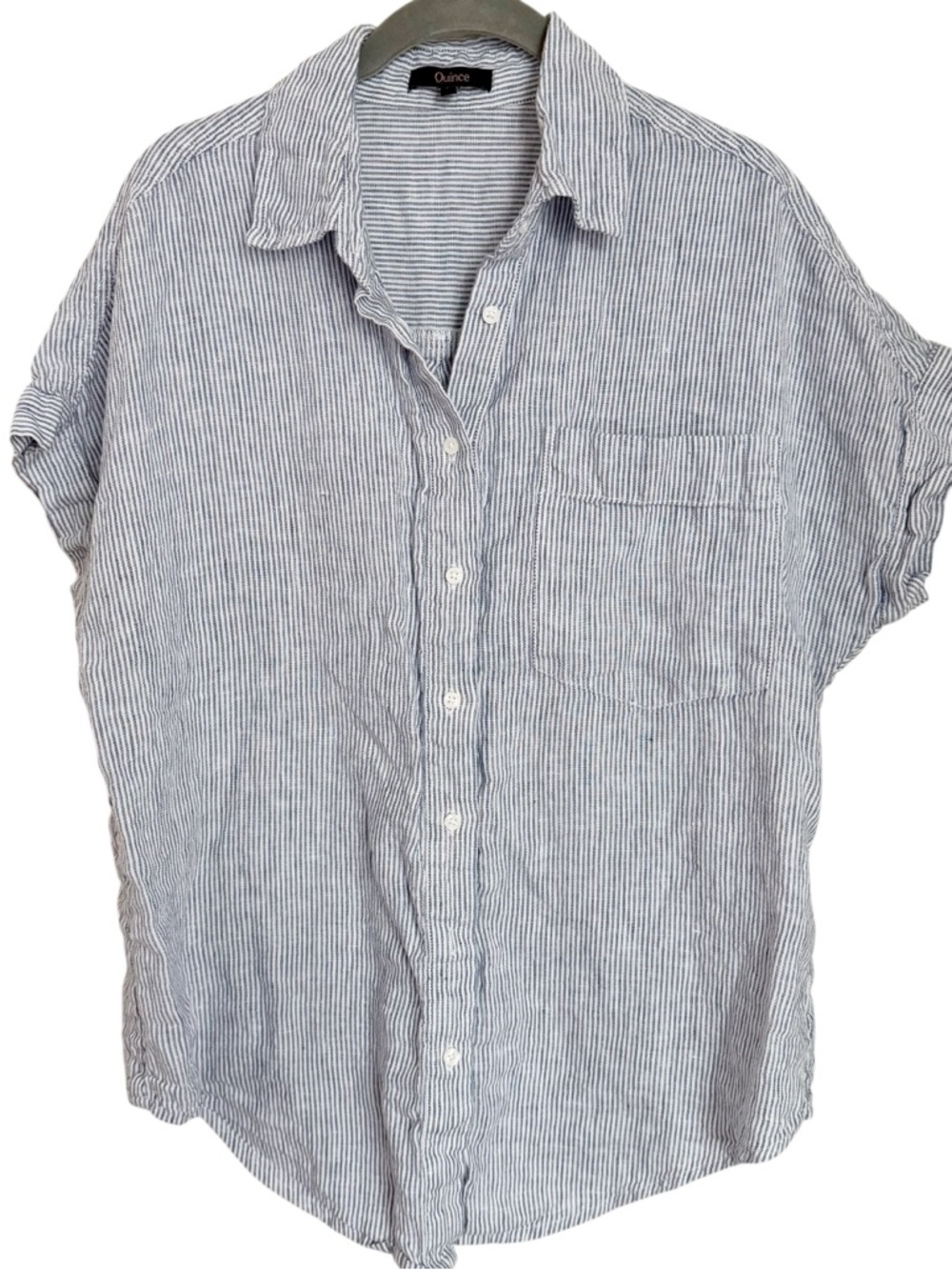 Quince 100% European Linen Camp Shirt Sz M Blue Pinstripe